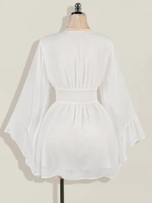 SHEIN ICON Women's Solid Color Flared Sleeve Cinched Waist Mini Dress,White Dresses For Women - White - View 2