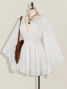 SHEIN ICON Women's Solid Color Flared Sleeve Cinched Waist Mini Dress,White Dresses For Women - White - View 8