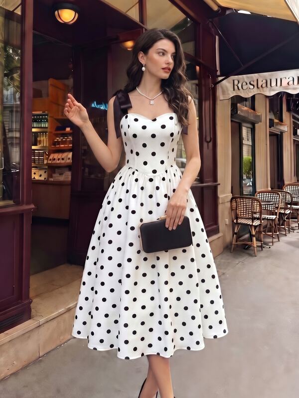 Vintamour Women's French Style Shirred Polka Dot Print Vacation Mid-Length Dress,Vintage,Vacation Elegant Wedding Guest Dress Elegant New Year Dress Women