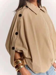 SHEIN BAE Women's Khaki Cropped Cape Jacket, Lapel Collar Zip-Up Batwing Sleeve Coat With Side Button Detail, Elegant Casual Outerwear For Fall Winter - Apricot - View 7