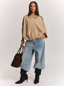 SHEIN BAE Women's Khaki Cropped Cape Jacket, Lapel Collar Zip-Up Batwing Sleeve Coat With Side Button Detail, Elegant Casual Outerwear For Fall Winter - Apricot - View 5
