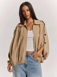 SHEIN BAE Women's Khaki Cropped Cape Jacket, Lapel Collar Zip-Up Batwing Sleeve Coat With Side Button Detail, Elegant Casual Outerwear For Fall Winter - Apricot - View 3