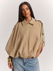 SHEIN BAE Women's Khaki Cropped Cape Jacket, Lapel Collar Zip-Up Batwing Sleeve Coat With Side Button Detail, Elegant Casual Outerwear For Fall Winter - Apricot - View 4