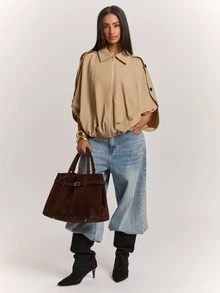SHEIN BAE Women's Khaki Cropped Cape Jacket, Lapel Collar Zip-Up Batwing Sleeve Coat With Side Button Detail, Elegant Casual Outerwear For Fall Winter - Apricot - View 1
