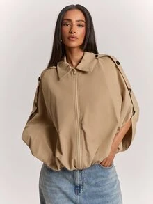 SHEIN BAE Women's Khaki Cropped Cape Jacket, Lapel Collar Zip-Up Batwing Sleeve Coat With Side Button Detail, Elegant Casual Outerwear For Fall Winter - Apricot - View 6