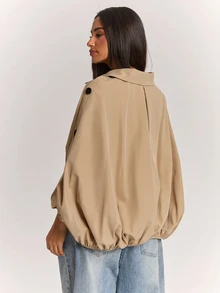 SHEIN BAE Women's Khaki Cropped Cape Jacket, Lapel Collar Zip-Up Batwing Sleeve Coat With Side Button Detail, Elegant Casual Outerwear For Fall Winter - Apricot - View 2