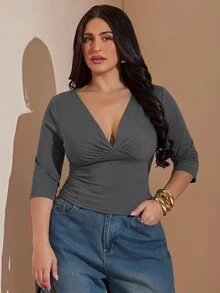 SHEIN BAE CURVE Plus Size Women's Solid Color Deep V-Neck Slim Fit T-Shirt - Dark Grey - View 6
