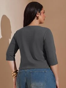 SHEIN BAE CURVE Plus Size Women's Solid Color Deep V-Neck Slim Fit T-Shirt - Dark Grey - View 5