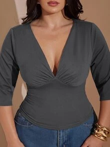 SHEIN BAE CURVE Plus Size Women's Solid Color Deep V-Neck Slim Fit T-Shirt - Dark Grey - View 3