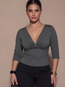 SHEIN BAE CURVE Plus Size Women's Solid Color Deep V-Neck Slim Fit T-Shirt - Dark Grey - View 2