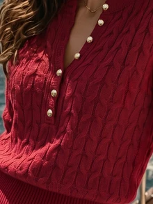 Balvessa Women's Round Neck Half-Button Cable Knit Textured Single-Breasted Hand-Stitched Button Long Sleeve Ribbed Hem Sweater - Burgundy - View 4