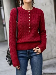 Balvessa Women's Round Neck Half-Button Cable Knit Textured Single-Breasted Hand-Stitched Button Long Sleeve Ribbed Hem Sweater - Burgundy - View 5