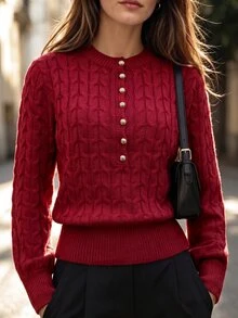Balvessa Women's Round Neck Half-Button Cable Knit Textured Single-Breasted Hand-Stitched Button Long Sleeve Ribbed Hem Sweater - Burgundy - View 6