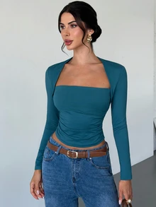 Firerie Women's Casual Versatile Solid Color Long Sleeve T-Shirt - Cadet Blue - View 10