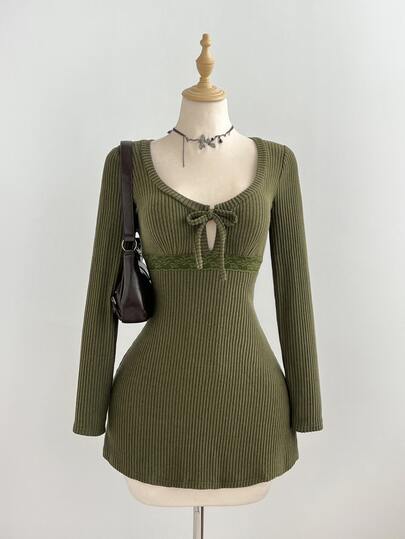 Elamini Women's Lace Patchwork Casual Sexy Cute Daily Autumn Dress Everyday Date Night Out Club Olive Green Sweet Baby Halloween Dresses Back To School