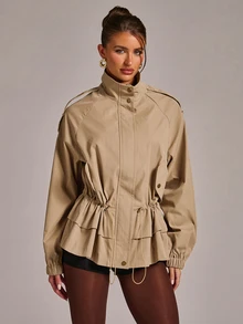 SHEIN BAE معطف ترنش بخصر برباط وأكمام راجلان - كاكي - مشاهدة 5