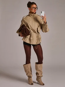 SHEIN BAE معطف ترنش بخصر برباط وأكمام راجلان - كاكي - مشاهدة 3
