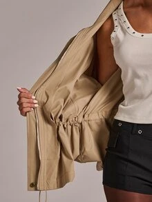 SHEIN BAE معطف ترنش بخصر برباط وأكمام راجلان - كاكي - مشاهدة 8