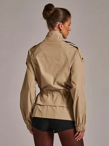 SHEIN BAE معطف ترنش بخصر برباط وأكمام راجلان - كاكي - مشاهدة 2