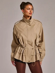 SHEIN BAE معطف ترنش بخصر برباط وأكمام راجلان - كاكي - مشاهدة 7