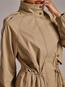 SHEIN BAE معطف ترنش بخصر برباط وأكمام راجلان - كاكي - مشاهدة 4