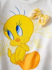 LOONEY TUNES X SHEIN 少女卡通印花T恤與愛心蝴蝶結裝飾短褲套裝 - 黃色 - 查看 4