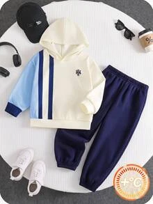 SHEIN 兒童小男孩彩色條紋連帽長袖套頭衛衣與彈性腰長秋季長褲2件套 - 彩色 - 查看 6