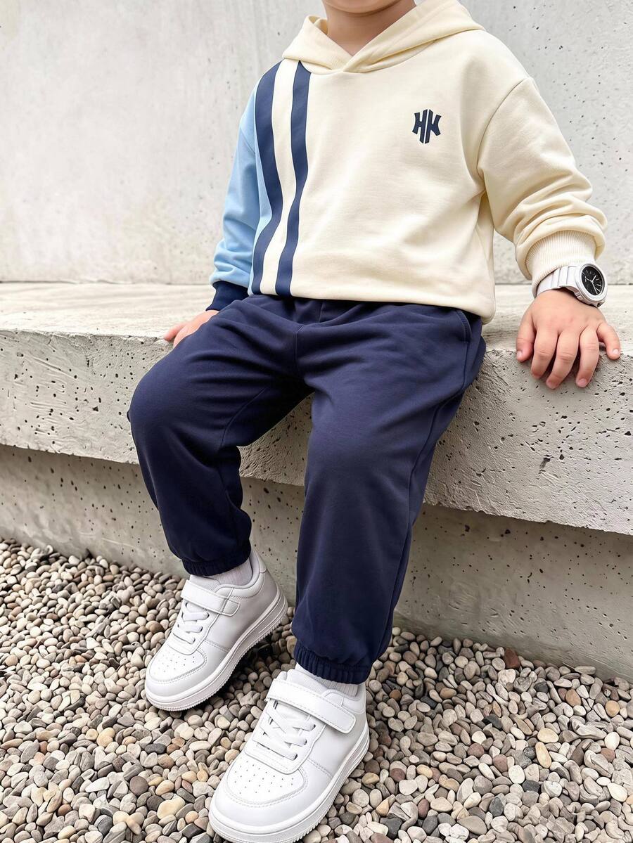 SHEIN 兒童小男孩彩色條紋連帽長袖套頭衛衣與彈性腰長秋季長褲2件套 - 彩色 - 查看 1