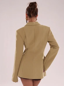 SHEIN BAE 女款純色缺口領夾克與短褲休閒套裝 - 卡其色 - 查看 2