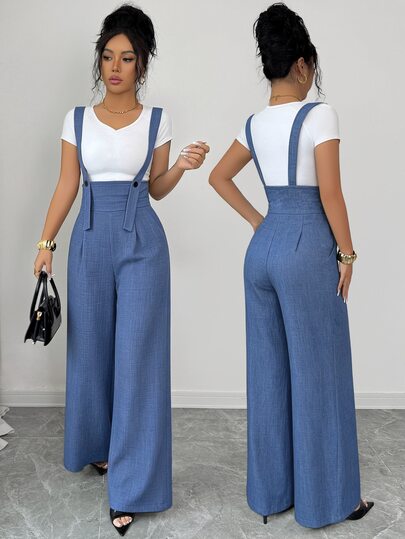 Selianne New Black Twill Linen French Elegant Fashion Design Suspenders High Waist Cinched Cinched Waist Height-Enhancing Straight Leg Wide Leg Pants Loose Casual Versatile Women's Jumpsuit