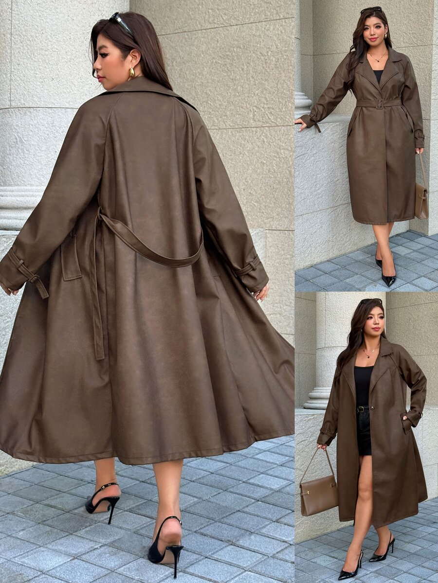 Easura Plus Size Women's Long PU Textured Trench Coat Winter - Coffee Brown - View 1