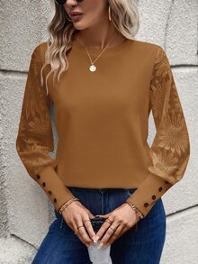 Easowa 卡其色蕾丝袖拼布华夫格女式上衣 - 咖啡棕 - 查看 8