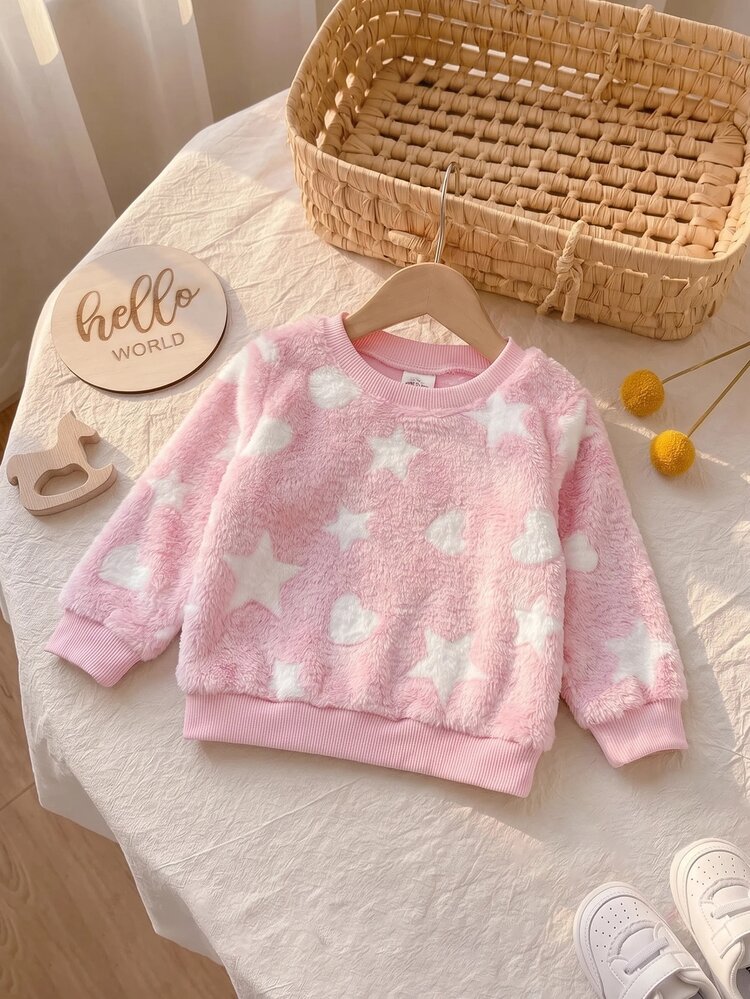 SHEIN Baby Girl Soft Plush Heart & Star Pattern Cute Versatile Long Sleeve Autumn Top, Thick For Winter - Pink - View 6