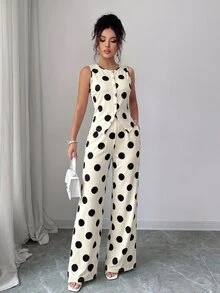 Elenzga 女款優雅黑白波點兩件套休閒套裝，無袖圓領背心搭配高腰寬腿長褲，夏季早午餐上班穿著套裝 - 黑色和杏色 - 查看 5
