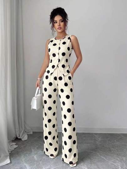 Elenzga Women Elegant White And Black Polka Dot 2 Pieces Outfit Sleeveless Crew Neck Tank Top High Waist Wide Leg Pants Summer Brunch Workwear Set