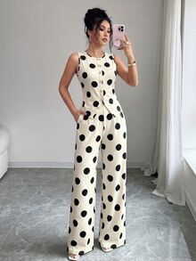 Elenzga 女款優雅黑白波點兩件套休閒套裝，無袖圓領背心搭配高腰寬腿長褲，夏季早午餐上班穿著套裝 - 黑色和杏色 - 查看 1