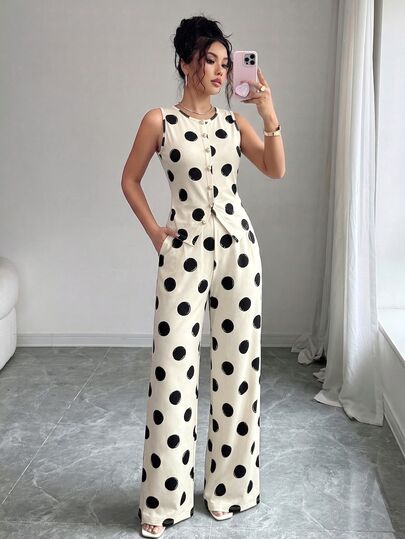 Elenzga Women Elegant Black Polka Dot 2 Pieces Outfit Sleeveless Crew Neck Button Front Fitted Tank Top & High Waist Wide Leg Pants Summer Office Workwear Set
