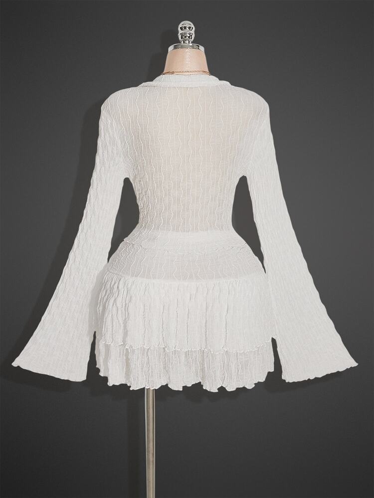 SHEIN ICON Lettuce Edge Asymmetric Hem See-Through Top (Without Bra) Double Layer Cake Skirt Two Pieces Set, Suitable For Autumn - White - View 2