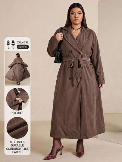 SHEIN CURVE+ Plus Double Breasted Belted Trench Coat Fall