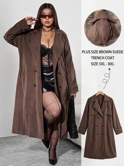 SHEIN CURVE+ Plus Double Breasted Belted Trench Coat Fall