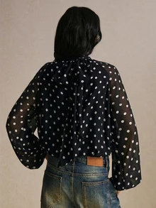 Poéselle 女款波點印花立領襯衫 - 黑色 - 查看 2