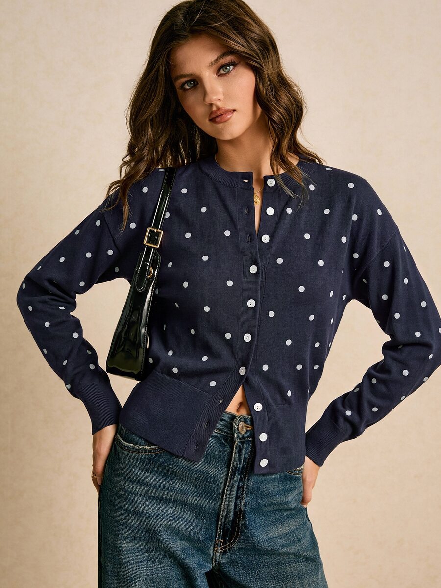 Poéselle Women's Polka Dot Casual Daily Knit Top - Navy Blue - View 1