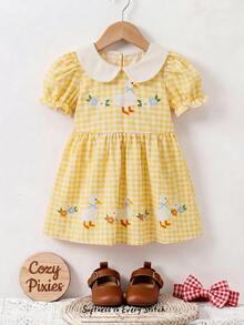 Cozy Pixies 女嬰幼兒女童編織拼色彼得潘領拼接格紋花瓣袖休閒可愛洋裝 - 彩色 - 查看 3