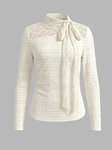 IslaSuriya Women's Lace Patchwork Neckline Tie-Front Top - Apricot - View 3