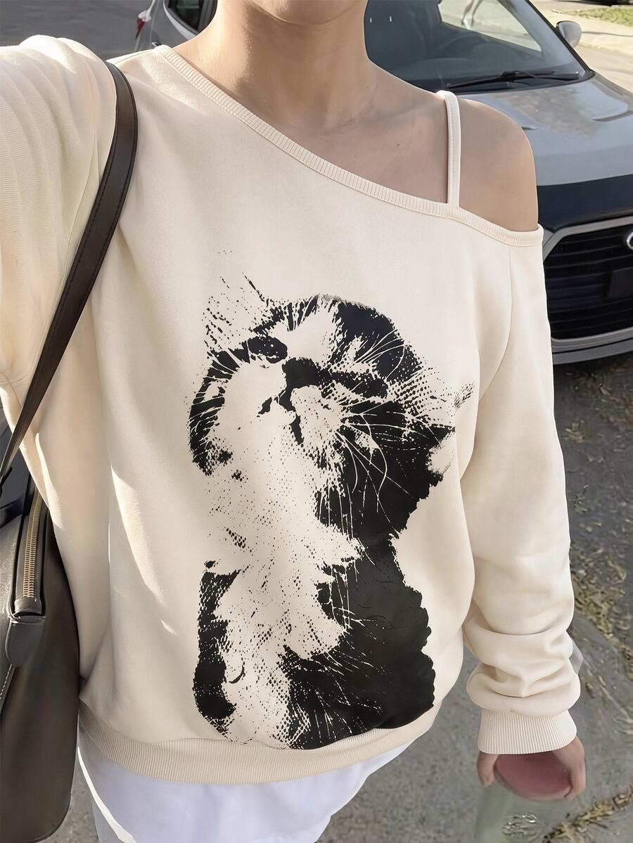 SHEIN Teen Girls Teen Girl Asymmetric Neck Strap Cat Print Autumn Sweatshirt, Casual Cute Daily Versatile - Apricot - View 1