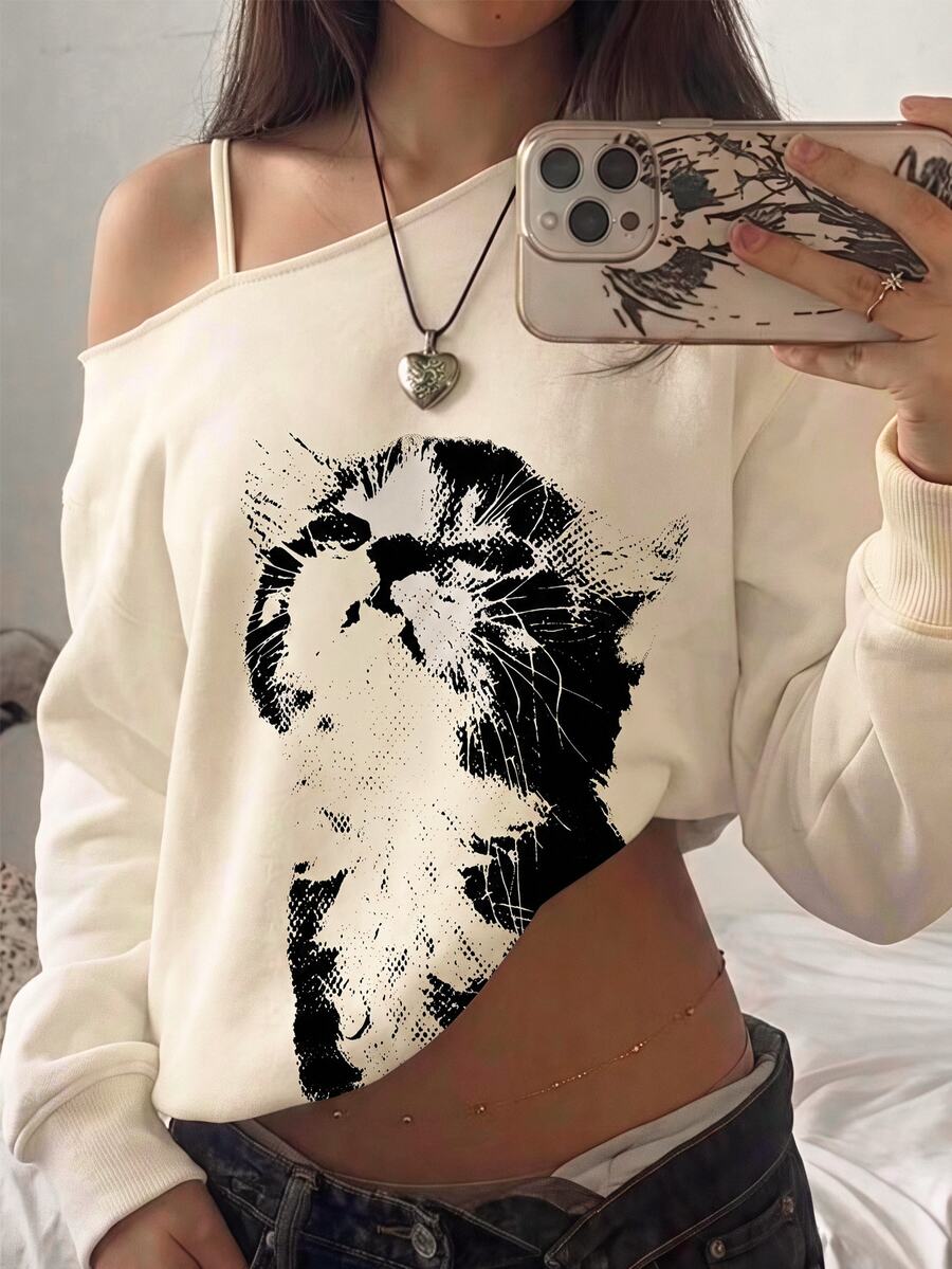 SHEIN 青少年女孩不對稱領口肩帶貓咪印花秋季衛衣,休閒可愛日常百搭 - 杏色 - 查看 1