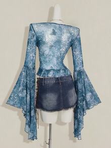 SHEIN ICON Vintage Print Sheer V-Neck Flare Sleeve Top For Women,Summer Top - Blue - View 10