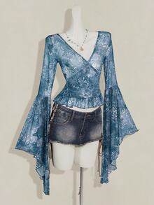 SHEIN ICON Vintage Print Sheer V-Neck Flare Sleeve Top For Women,Summer Top - Blue - View 6