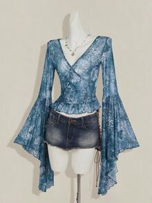 SHEIN ICON Vintage Print Sheer V-Neck Flare Sleeve Top For Women,Summer Top - Blue - View 5