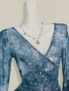 SHEIN ICON Vintage Print Sheer V-Neck Flare Sleeve Top For Women,Summer Top - Blue - View 7